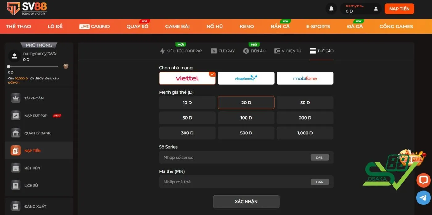 Nạp tiền SV88 tiện lợi qua thẻ cào